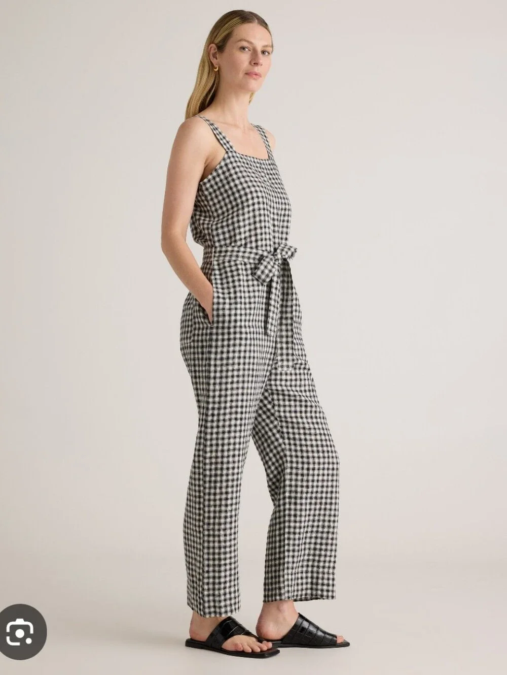 QUINCE European Linen Gingham Tie-Waist Jumpsuit - Black & White XL